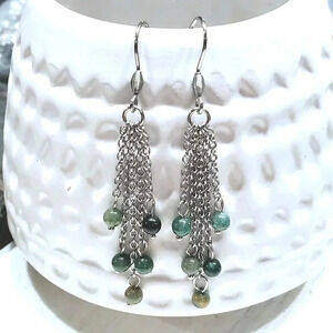 Edgy Modern Moss Agate Stone Beads Surgical Stainless Steel Chain Earrings
